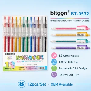 0.5mm Glitter Gel Pen Set 12 Colors Retractable Custom Logo Bulk School Supplies Stationery Smooth Metallic Ink