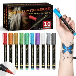 10-Color Tattoo Pen Temporary Tattoo Marker Skin Glitter & Matte & Neon Glow Body Marker Set Removable Tattoo Pen Kit