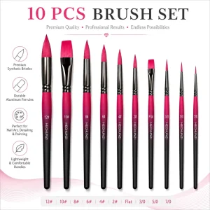 10 Different Shapes Rose Red Gradient Wood Handle Synthetic Hair Artist Paint Brush Set
