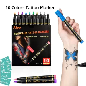 10 Metallic Color Tattoo Pen Kit Non Toxic Waterproof Removable Temporary Dry Erase Wet Erase Brush Tip Marker for All Ages Skin