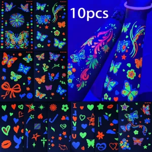 10 Sheets Eco Friendly Glow Dark Temporary Tattoos Neon Fluorescent Sweet Butterfly Heart Star Face Body Tattoo Stickers