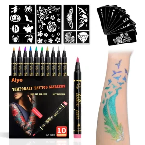10Colors Temporary Tattoo Marker Pen for Skin Metallic Glitter & Neon Glow Body Marker Set Waterproof Washable Body Art Pen Kit