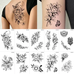 10Pcs Black Sketch Floral Temporary Tattoo Stickers Line Art Rose Fake Tattoos Waterproof Body Temporary Tattoos