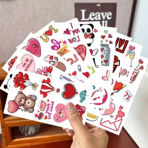 10pcs Cartoon Valentine’s Day Watercolor Waterproof for Parties and Gatherings One time Tattoo Sticker Sheet