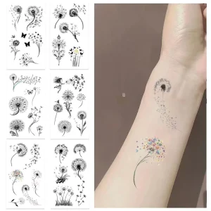 10pcs Dandelion Noir Et Blanc Series Watercolor Waterproof Party Temporary Tattoo Sticker Sheet
