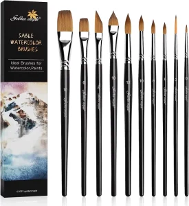 10pcs Wood Handle Painting Brush Weasel Hair Round Flat Shape Acrylic Paint Brush Set