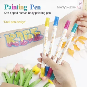 12-Color Body Face Paint Pen Set Dual-Tip Firm Soft Nibs for Temporary Tattoo and Metallic Art Skin-Safe