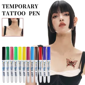 12-Color Tattoo Pen Set Water-Based Ink Paper Use Glitter & Matte Neon Glow Body Markers Removable Temporary Tattoos