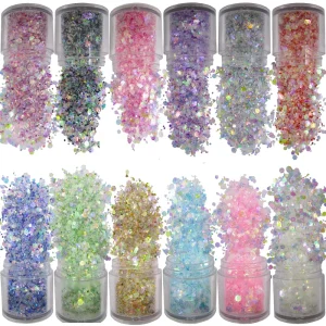 12 Mixed-Color Iridescent Chunky Glitter Flakes for Resin, Makeup, Body and Nail Art