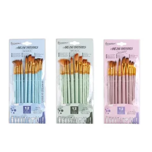12-Piece Paintbrush Set Blue Pink Green for Oil & Acrylic Painting Wood Handle with Nylon Hair
