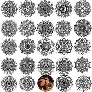 12 Sheets with 24 Black Mandala Flower Eco-friendly Non-Toxic 19x9CM Temporary Tattoo Stickers for Women Hands