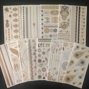 12PCS Body Temporary Jewelry Waterproof Mandala Mehndi Designs Tattoo Arm Sleeve Hand Wrist Foil Gold Metallic Tattoo Sticker