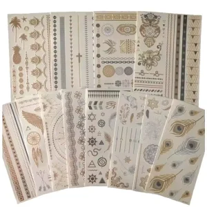 12PCS Set Long Lasting Temporary Metallic Tattoo Decorative Waterproof Tattoo Arm Sleeve Hand Wrist Gold Metallic Tattoo Sticker