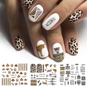 12pcs Leopard Animals Stickers For Nails Letter Designs Water Tattoo Foil Nail Art Decals Gel Polish Sliders