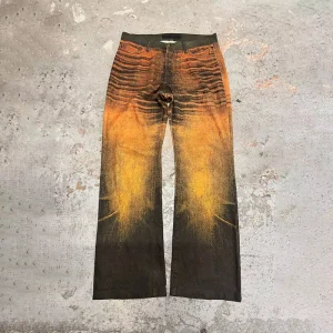 13oz Gradient Tiger Stripe Spray Dye Sunset Orange Flare Jeans Men Avant Garde Y2K Streetwear