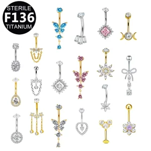 14 Gauge Sterile ASTM F136 Titanium Heart Butterfly Belly Piercing Jewelry G23 Navel Rings Luxury CZ Body Piercings