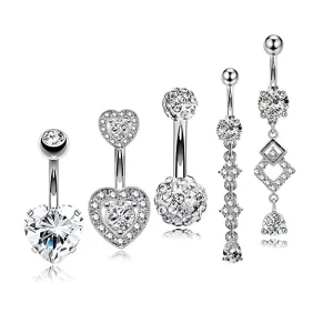 14G 316L Surgical Steel Heart Sparkly CZ Paved Body Jewelry Belly Button Rings Navel Piercing