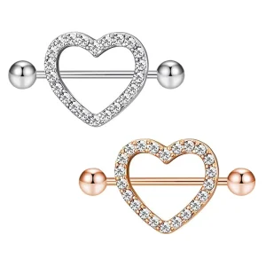 14G Dainty CZ Love Heart Nipple Rings Tongue Ring Surgical Steel Nipple Rings Piercing Women Barbells 2Pcs 25/8″(16mm)body Jewel