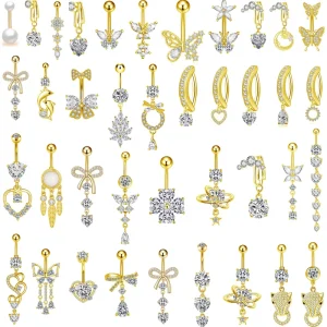 14G Surgical Steel Gold Dangling Belly Button Rings CZ Butterfly Heart Star Moon Navel Piercing Jewelry Set for Women