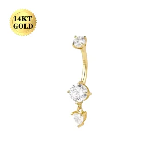 14K Gold Belly Button Ring Heart Charm Dangle External Thread Curved Barbell Clear Cubic Zirconia Navel Piercing Body Jewelry