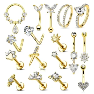 14K Gold Labret, Hoop, Nose Stud, Navel Belly Ring and CZ Ear Stud Jewelry Set