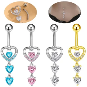 14K Gold Plated Stainless Steel Blue Pink Crystal Heart Drop CZ Belly Ring Button Ring Navel Dangle Body Piercing Jewelry