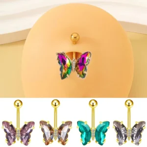 14K Gold Plated Stainless Steel Multi Color butterfly Shape CZ Belly Ring Button Ring Navel Dangle Body Piercing Jewelry
