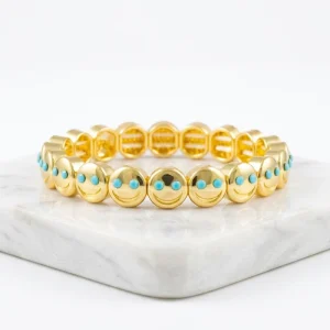 14K Gold Plated Zinc Alloy Beaded Bohemian Geometric Smile Face Beaded Bracelets With Crystals