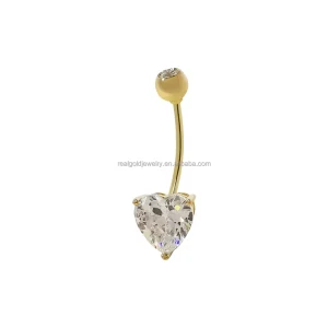 14K Real Gold Genuine Body Jewelry Cute Fashionable Heart Shape Belly Bar Piecing with Diamond Gold Plated Jewelry
