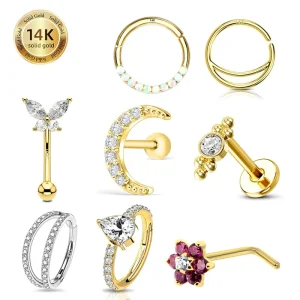 14K Solid Gold Butterfly Flower Clear CZ Labret Cartilage Tragus Daith Belly Button Navel Nose Ring Stud Piercing Jewelry