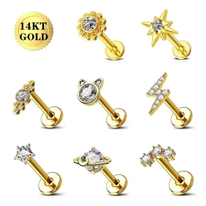 14K Solid Gold Clear CZ Labret Cartilage Tragus Daith Stud Earrings Belly Button Navel Nose Ring Piercing Jewelry