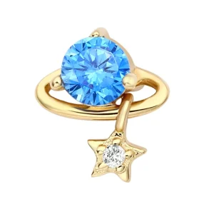 14K Solid Gold Internally Threaded Ends Star Shape 5A Aqua Zircon Body Piercing Jewelry