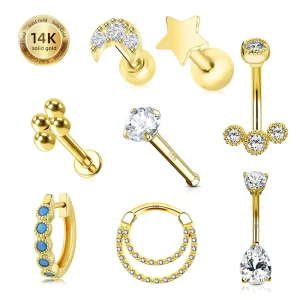 14K Solid Gold Moon Star Clear CZ Labret Cartilage Tragus Daith Belly Button Navel Nose Ring Stud Piercing Jewelry