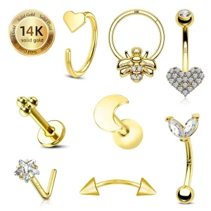 14K Solid Gold Moon Star Heart Clear CZ Labret Cartilage Tragus Daith Belly Button Navel Nose Ring Stud Piercing Jewelry