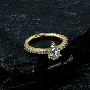 14K Solid Gold Paved CZ Water Drop Stones Nose Hinged Ring Cartilage Ring Helix Bodi Pierc Navel Ring Ear Labret Piercing