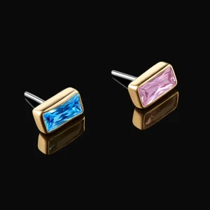 14K Solid Gold Rectangle Ear Piercing Cartilage Jewelry Pink Zircon Push In Threadless Ends Tops