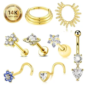 14K Solid Gold Star Flower Clear CZ Labret Cartilage Tragus Daith Belly Button Navel Nose Ring Stud Piercing Jewelry
