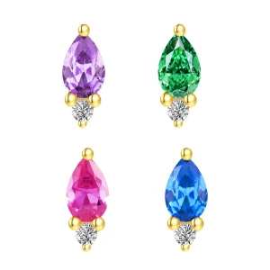 14K Solid Gold Tear Drop Ear Piercing Cartilage Jewelry Blue Zircon Push In Threadless Ends Tops