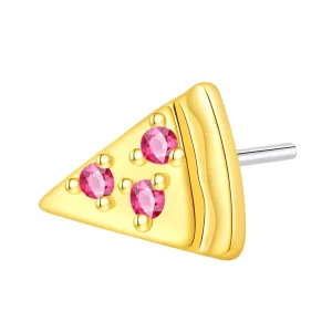 14K Solid Yellow Gold Round Rose Red CZ Paved Pizza-Shaped Threadless Ear and Nose Piercing Jewelry