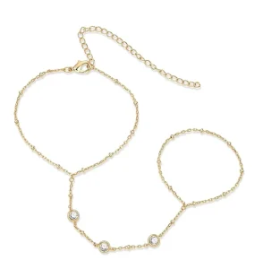 14K Yellow Gold Plated Dainty Cubic Zirconia Bracelet and Ring Hand Chains Body Jewelry for Women Fashionable Dainty CZ Bangle