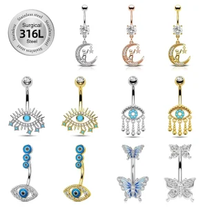14g Navel Barbell Body Jewelry Dangle Cute Gold Plated Moon Eye Heart Clear CZ Butterfly Belly Button Rings