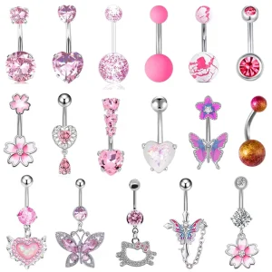 14g Stainless Steel Belly Button Rings Women CZ Dangle Heart Butterfly Navel Piercing Body Jewelry OEM