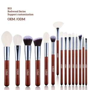 15-Piece Animal-Hair Makeup Brush Set for Face Use Portable Soft-Bristle Brushes Rosewood Handles PU Leather Bag Zippered Case