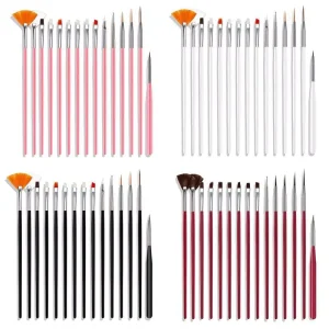 15Pcs Professional Nail Art Brush Set Pink Plastic Handle Nylon Bristles Acrylic Gel Liner Drawing Manicure Tools Flat