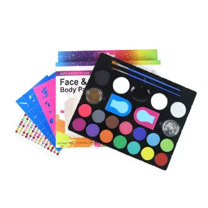 Professional 16-Color Water-Based Face and Body Paint Set Cosmetic Kit with Stickers Stencils for Body Painting Supplies