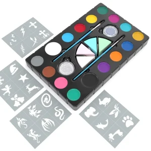 16 Color Water Based Glitter Powder Face Paint With Stencils Brushes Sponges Makeup Kit for Parties Birthdays Halloween