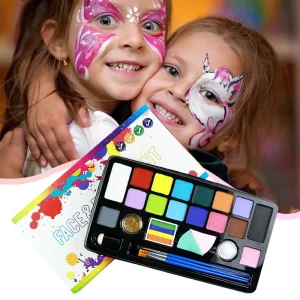 Professional Non-toxic 16 Colors Water-Based Vegan Split Face and Body Paint Kit with Glitter Stencils for Kids Face Painting