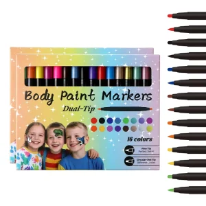 16 Colors Temporary Tattoo Markers Set for Skin Body Art Washable Erasable Dual-Sided Writing Skin-Safe Cosmetic Quality