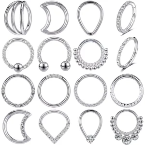 16G Stainless Steel Women’s Crystal Cartilage Septum Piercing Nose Ring Zircon Clicker Daith Jewelry for Weddings