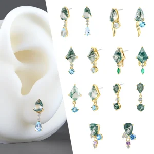 18K Solid Gold Fine Piercing Jewelry New Style Tear Drop Shape Moss Agate Stone Push In Claw Setting